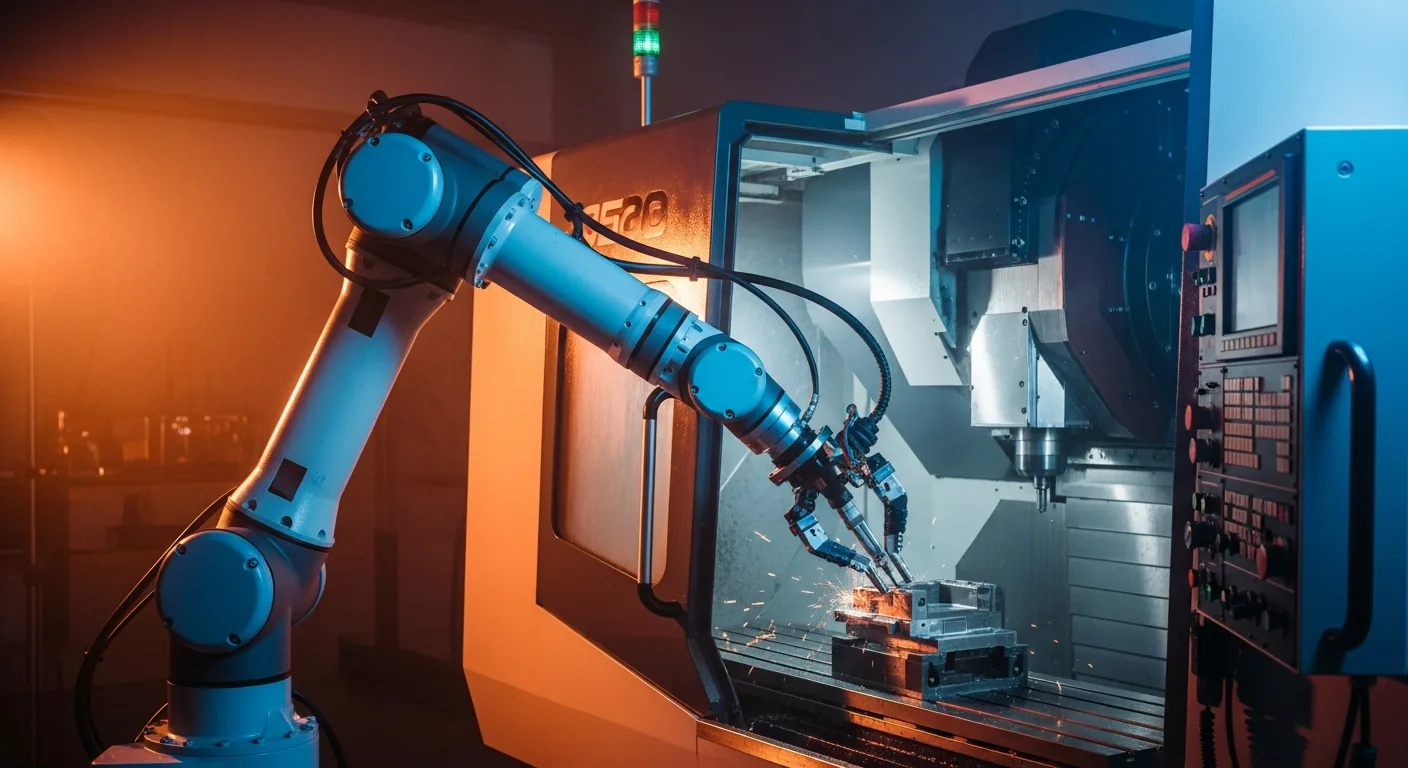 Collaborative robot arm tending a CNC machine on a Denver-area manufacturing shop floor